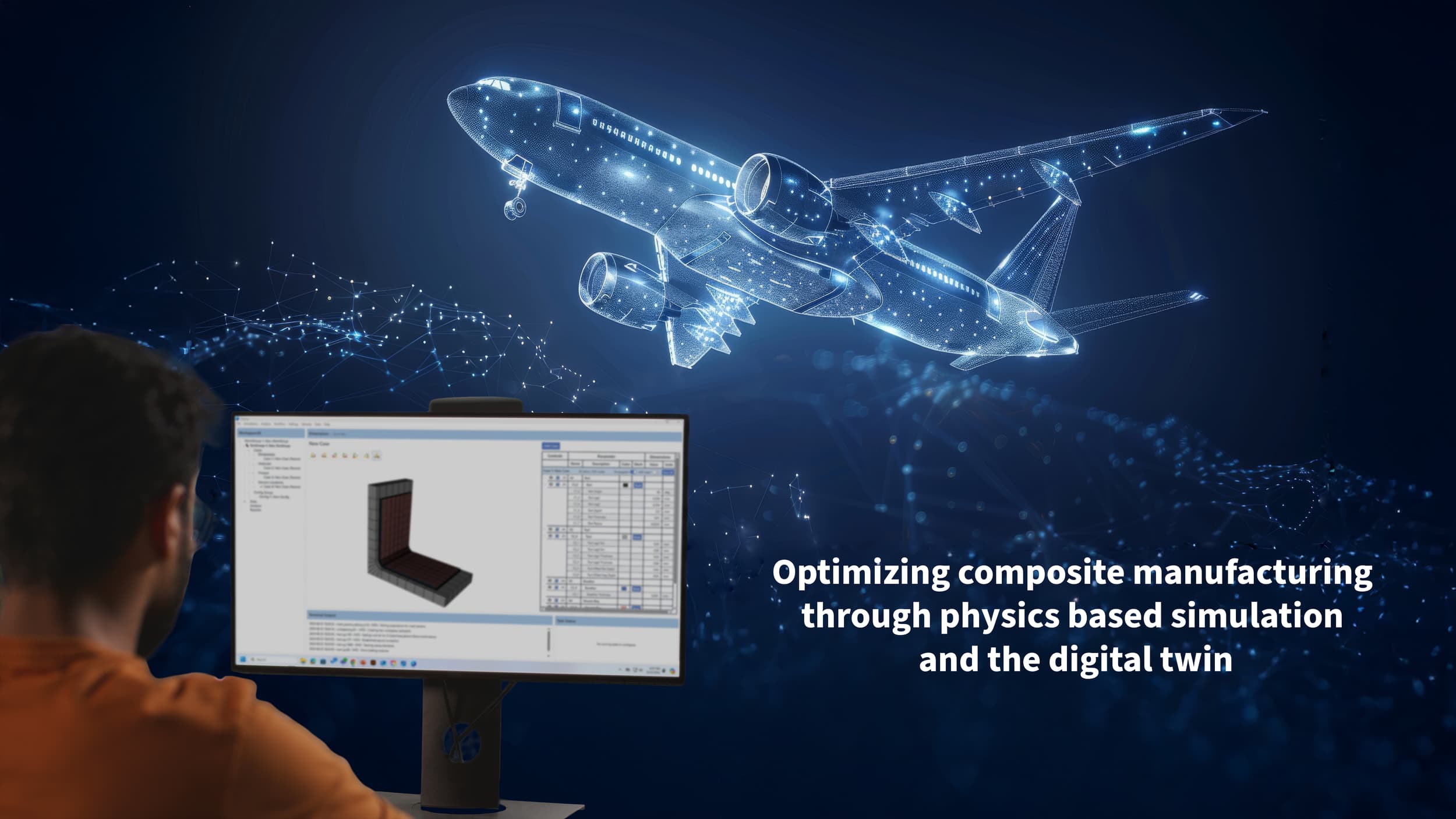 Person using computer with digital airplane model projected in background, highlighting digital twin technology and physics-based simulation for composite manufacturing.